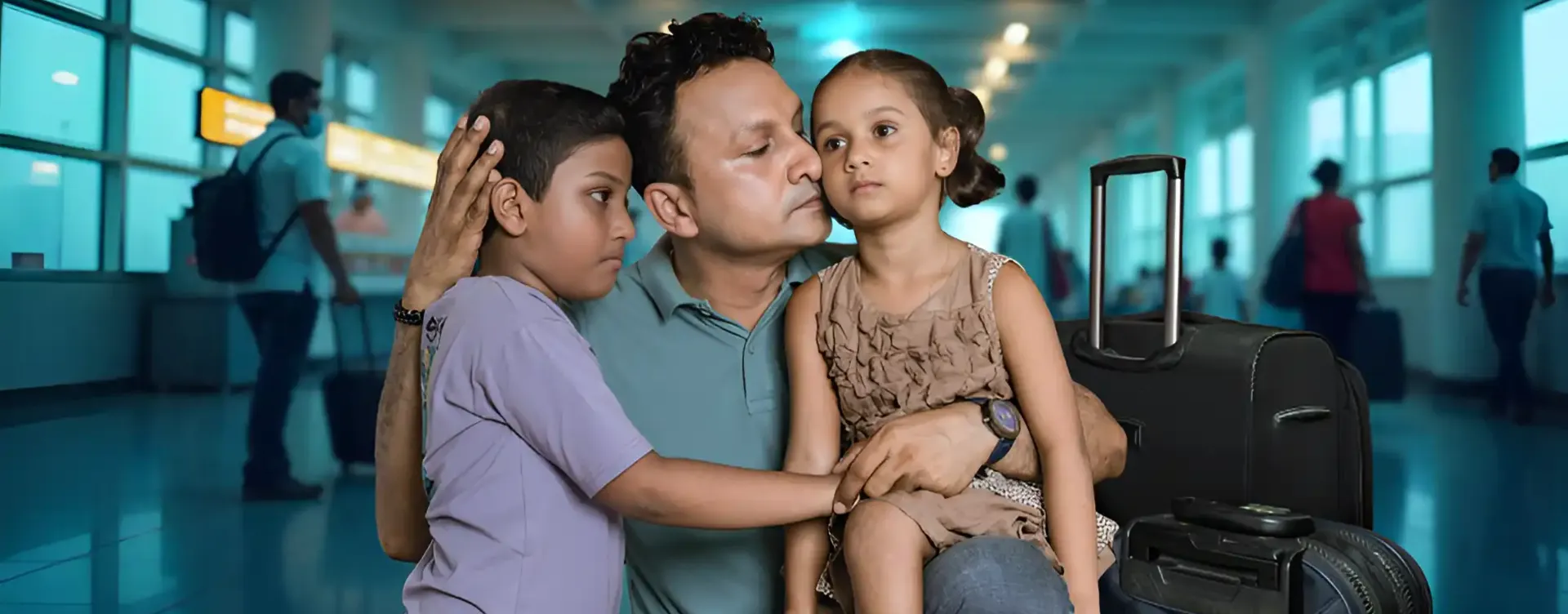 A man hugs a boy and girl in an airport terminal, sharing a heartfelt farewell